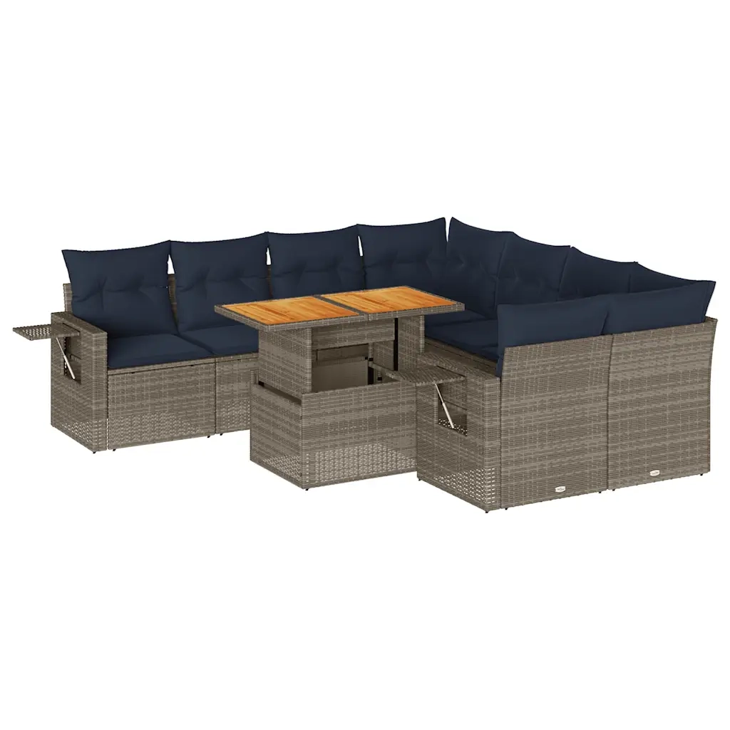 Set Divano da Giardino 9 pz con Cuscini Grigio in Polyrattan