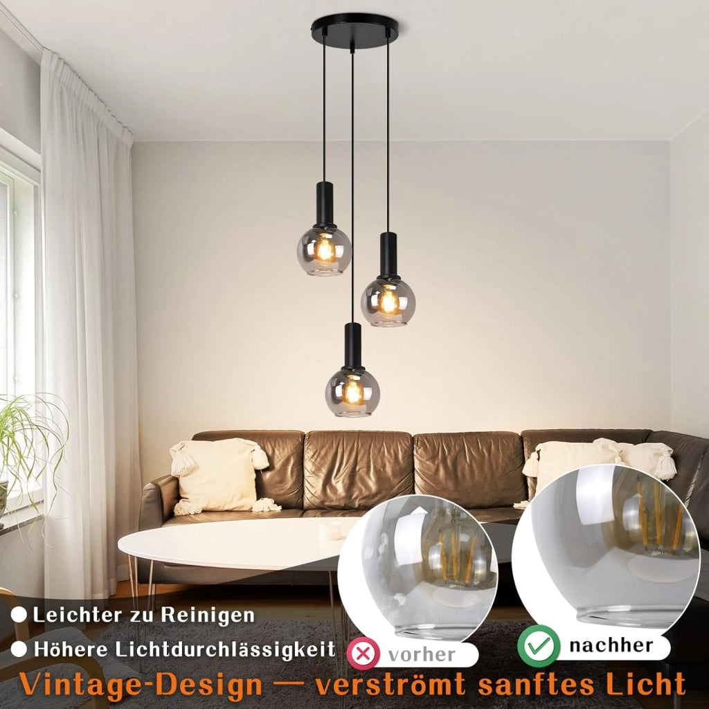 Lampada a sospensione ZMH da sala da pranzo a 3 fiamme E27 lampada a sospensione retr¨° in vetro camera da letto bar