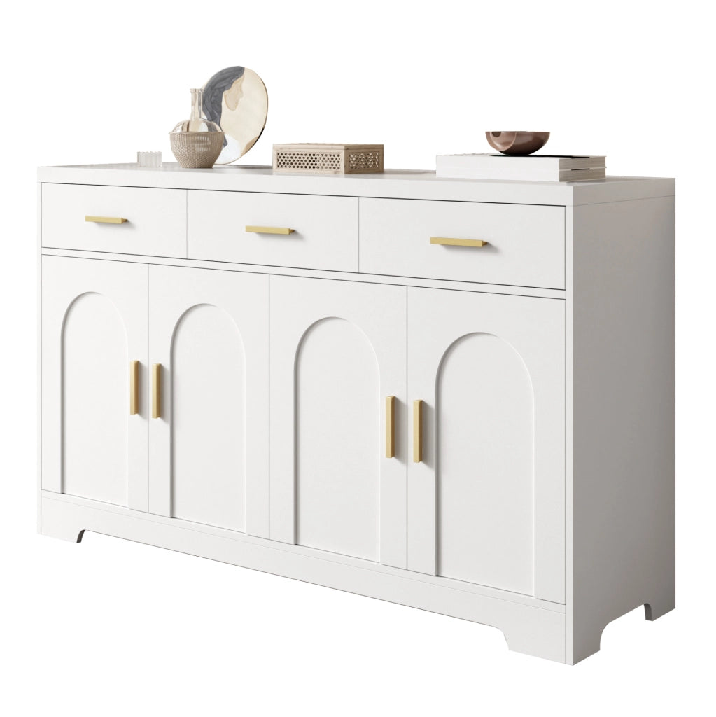 Sideboard bianco 140 cm con 4 ante ad arco; 3 cassetti; ripiani regolabili; MDF