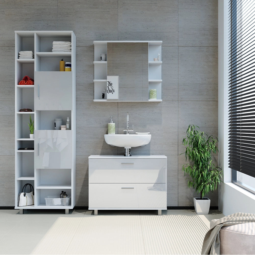 Vicco Set di mobili da bagno Bianco lucido 3 pezzi, con cassetto
