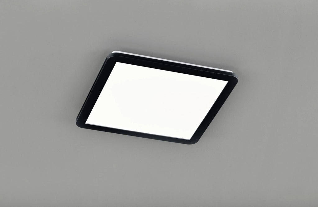 CAMILLUS PLAFONIERA LED QUADRATA METALLO NERO OPACO CON FUNZIONE DIMMERABILITA' CON NORMALE INTERRUTTORE A PARETE IP44 L. 40CMX40CM LED 22W · 1x 2700lm, 3000K