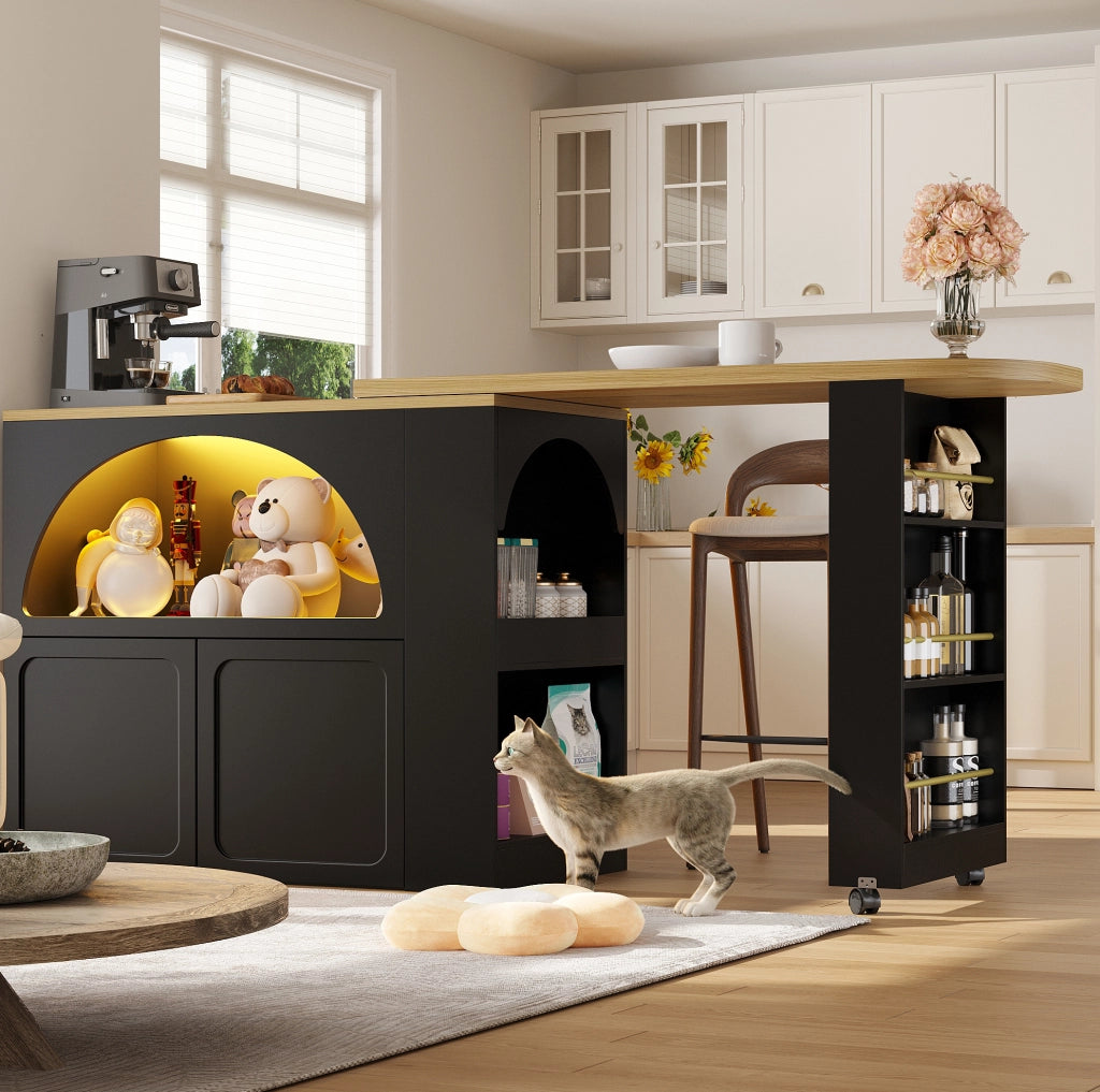 Bancone bar 135-205x39x100 cm con LED; ruote e vano contenitore in MDF nero