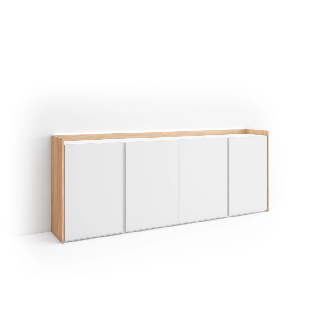 Credenza, Mobile, Cucina, 207x80x35 cm, 4 Porte, LED, Bianco e Rovere soft