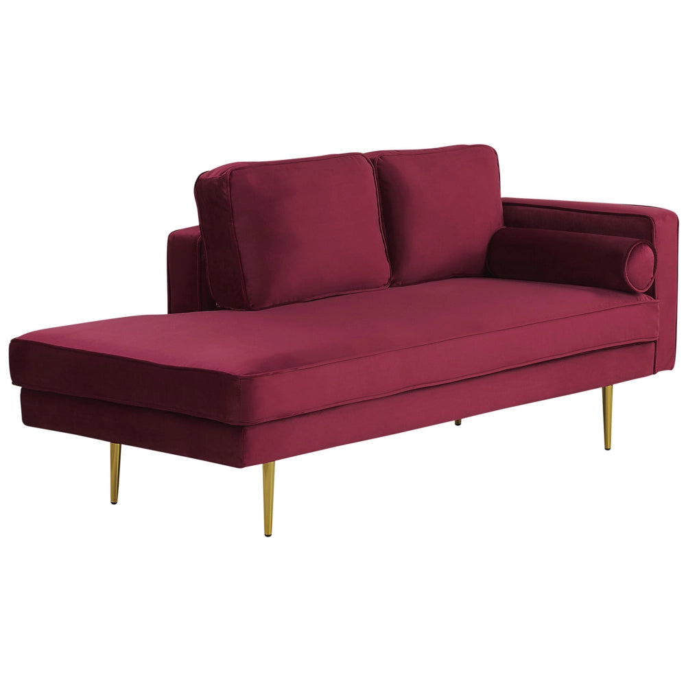 Chaise longue Velluto Rosso Scuro Imbottito versione destra Orientamento Gambe In Metallo Rafforzamento Cuscino Design Moderno