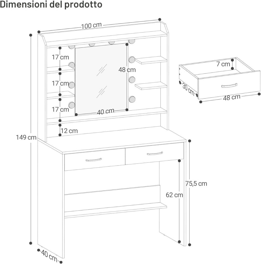 Hzuaneri 100cm Toeletta da Trucco, con specchio e luce LED, Moderno con Specchio, Postazione Make-up con Mensole Aperte e 2 Cassetti, per camera da letto, soggiorno, 40 x 100 x 149 cm, Bianco DT38703X