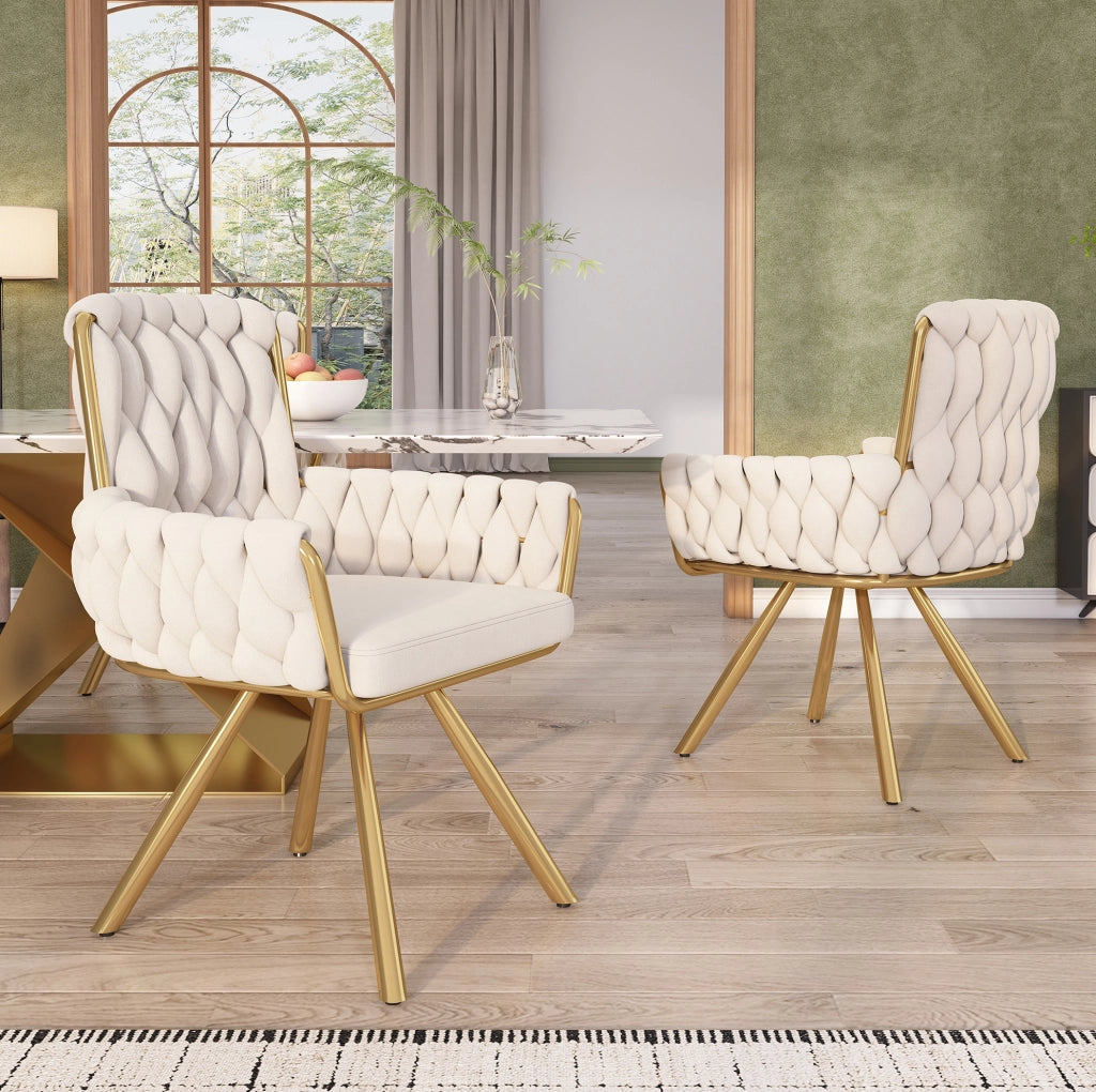 Set di 4 sedie girevoli in velluto beige con schienale alto e braccioli