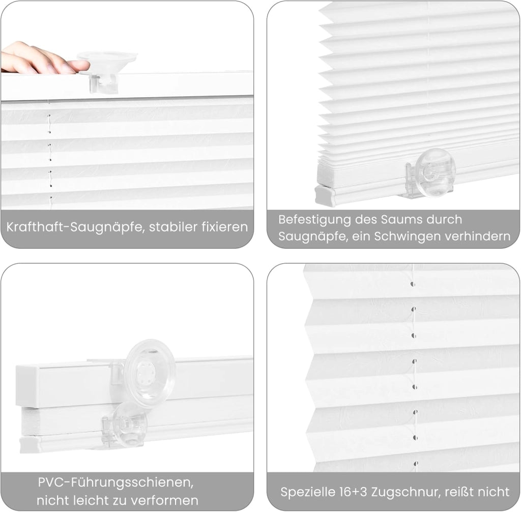 Tenda Plissettata Senza Foratura con Ventose, Tenda a Pieghe Interna Semitrasparente per Protezione Solare, Adatta per Finestre Comuni, Lucernari e Portefinestre, 80x120 cm, Bianco