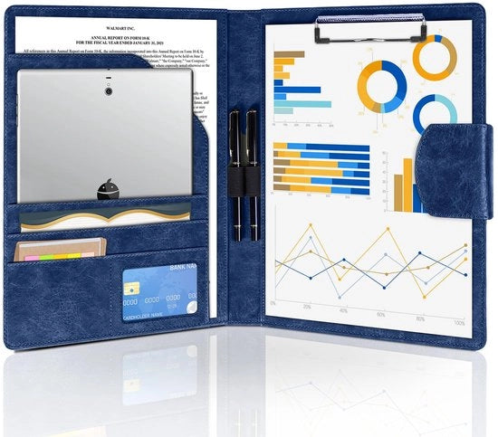 Portfolio A4 con copertina in pelle PU, cartellino per appunti con spazi per documenti, contenitore per penne e chiusura magnetica per riunioni di lavoro (blu scuro)