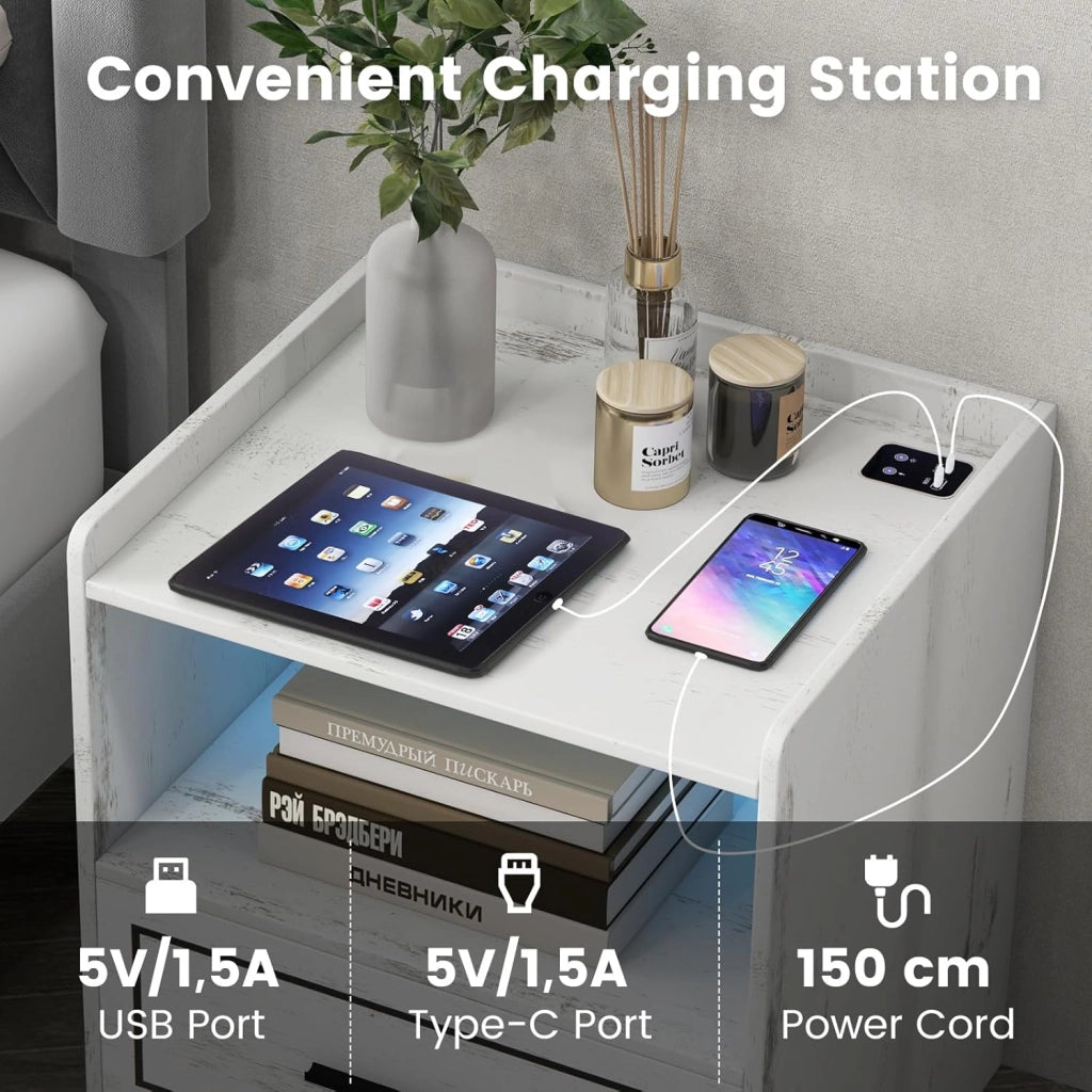 Comodino con Luce a LED(3 colori) e Cassetto, Tavolino da Divano con 2 Porte USB, Tavolino da Caffè con Sensore di Movimento, 45x40x50 cm, Bianco