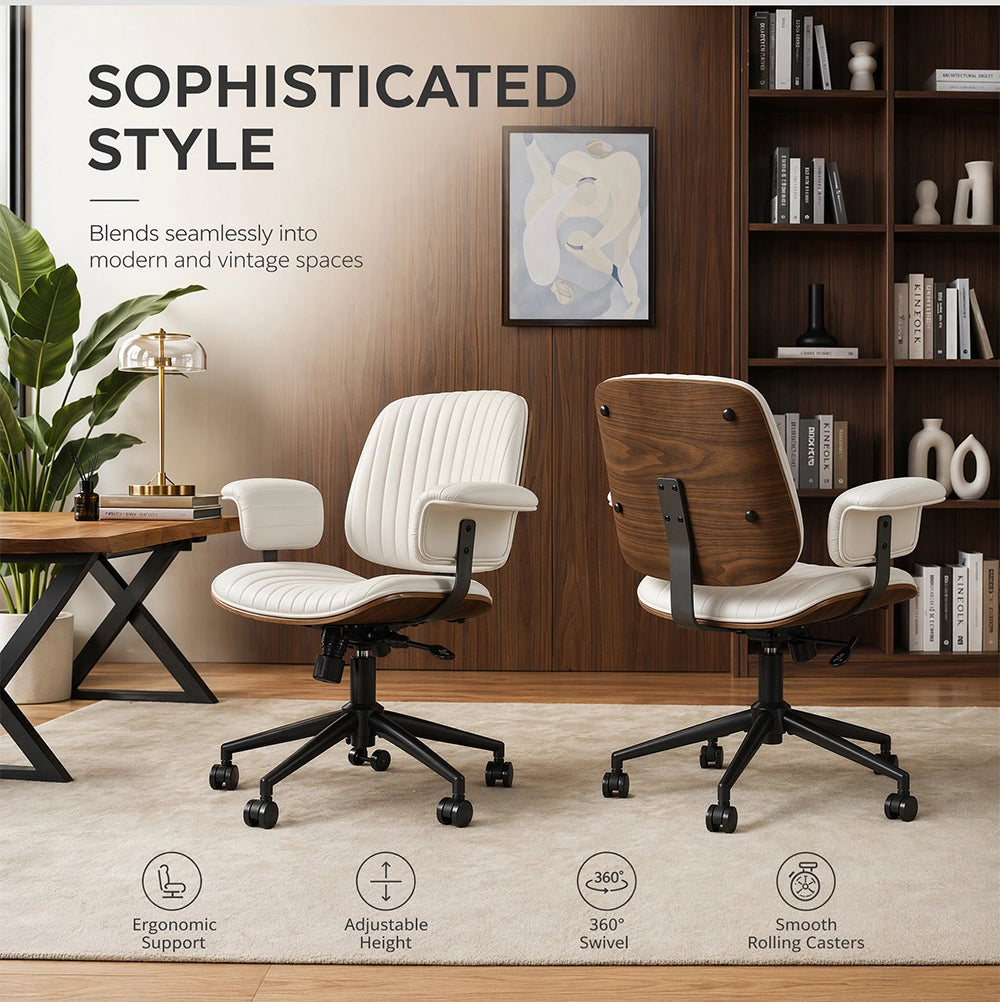 Sedia da ufficio girevole moderna con ruote, braccioli imbottiti e cuciture a mano in pelle PU e metallo beige