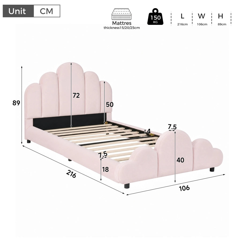 Letto singolo imbottito 90x200 cm in velluto rosa con testiera arrotondata e rete inclusa