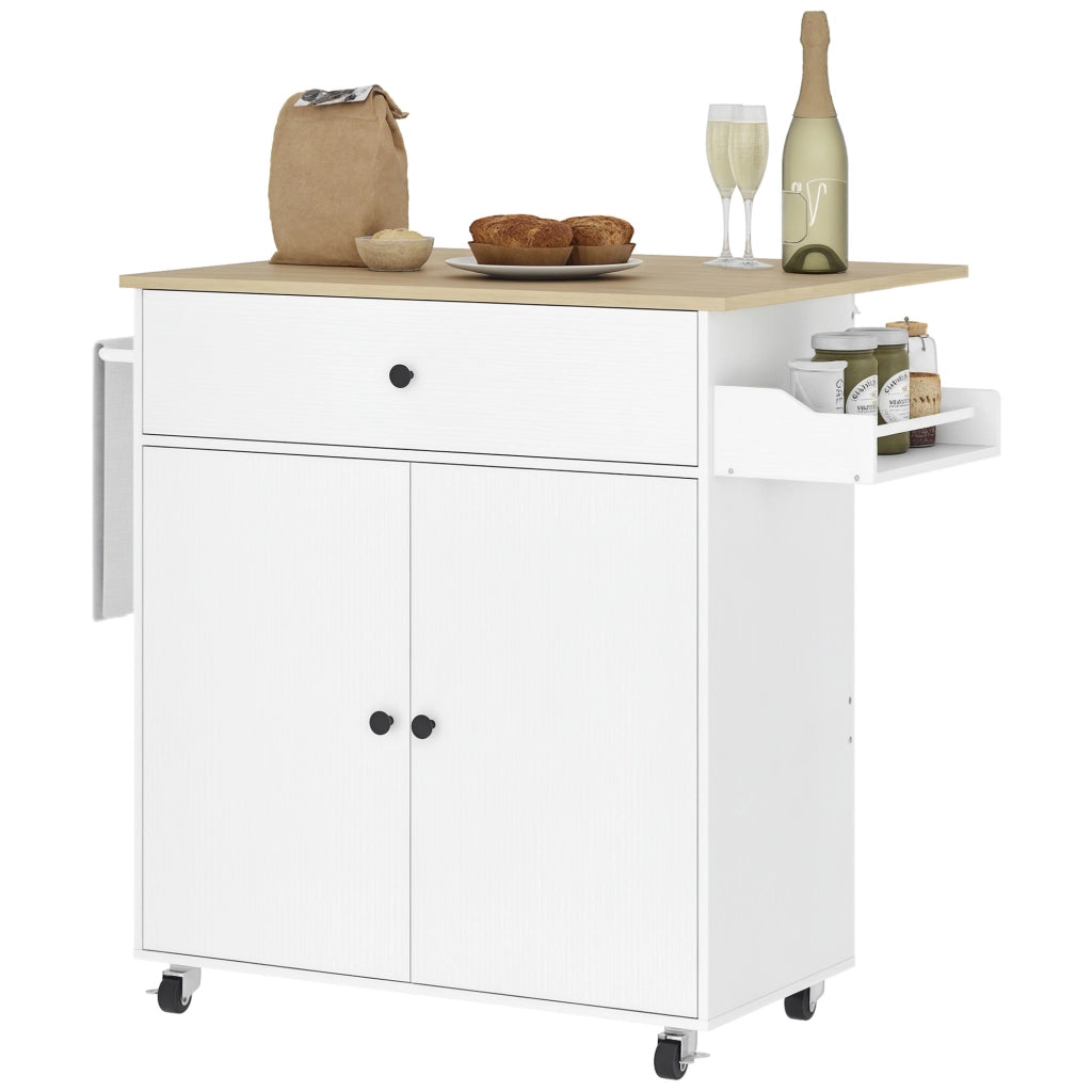 Isola per Cucina con Cassetto. Armadietto. Portaspezie e Portasciugamani. 106x42x87 cm. Bianco e Rovere
