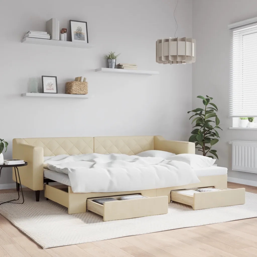 Divano letto | Sof¨¤ letto | Letto singolo Estraibile con Cassetti Crema 80x200 cm in Tessuto