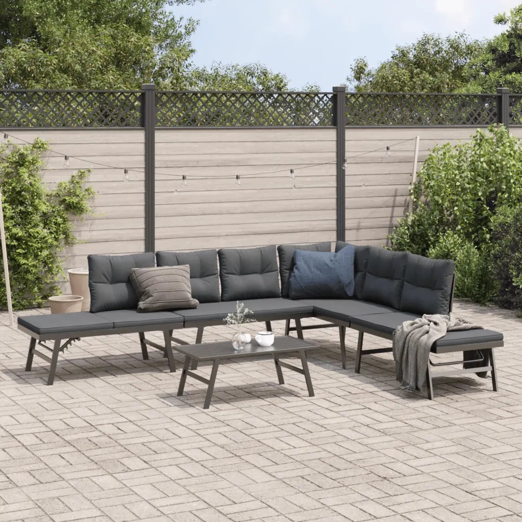vidaXL Set Panche Giardino Cuscini 5pz Nere Acciaio Verniciato Polvere