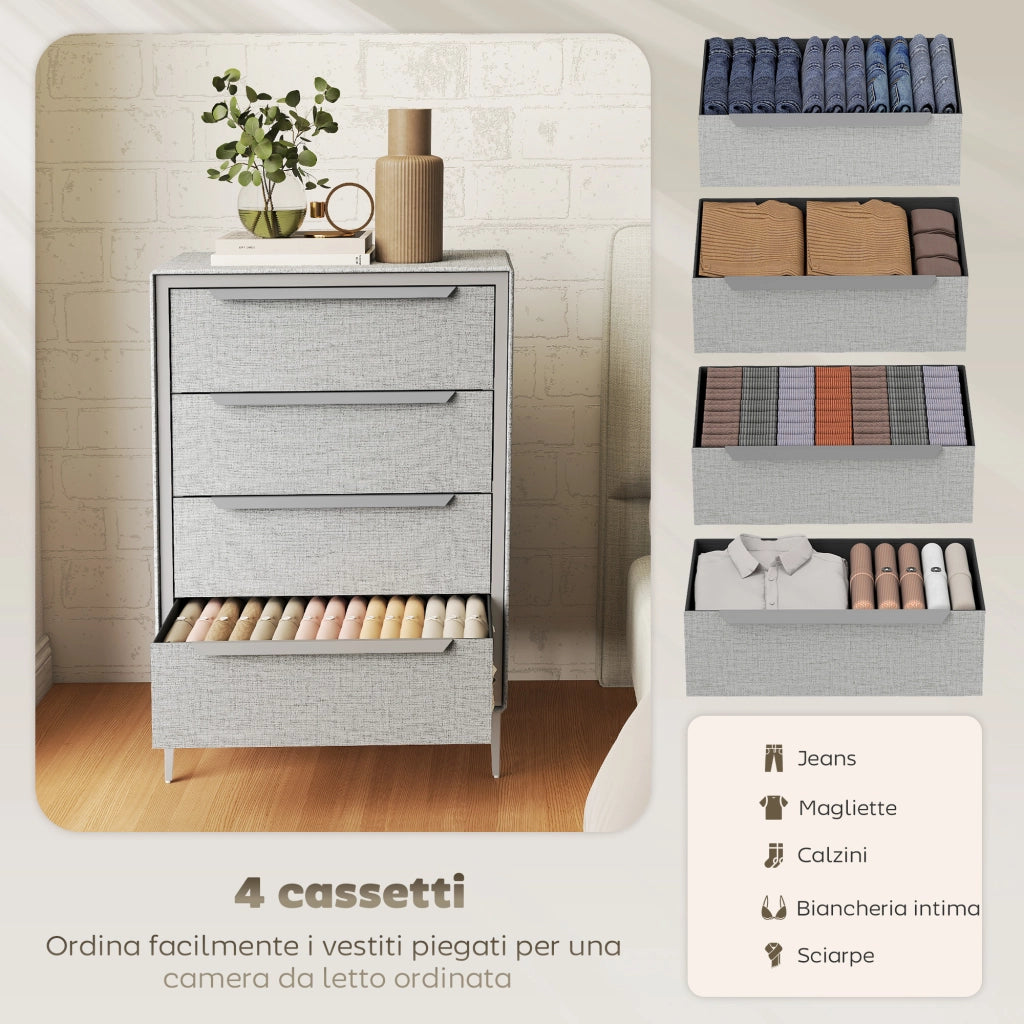 Cassettiera 4 Cassetti Grigio Tessuto Effetto Lino ¨C Minimal ¨C Acciaio 60x36x88