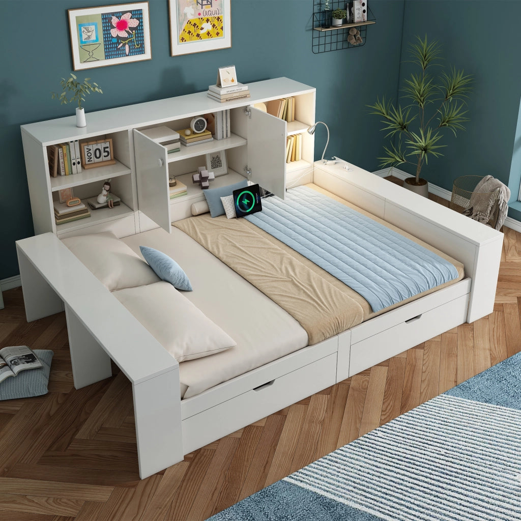 Letto con contenitore 140x200 cm; USB e luce da lettura; legno bianco