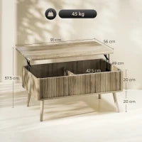 Tavolino da Caffè con ripiano Sollevabile, 2 Scomparti Nascosti e Gambe in Pino, 91 x 56 x 43 cm, Rovere