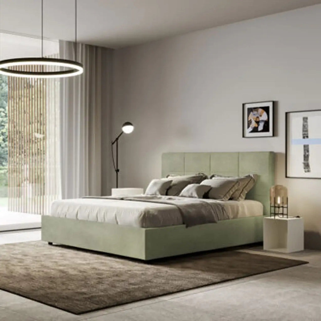 Letto matrimoniale francese con rete imbottito 140x200 microfibra tè verde Mika