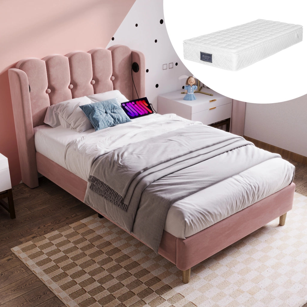 Letto singolo imbottito rosa 90x200 cm in velluto con USB e Type-C