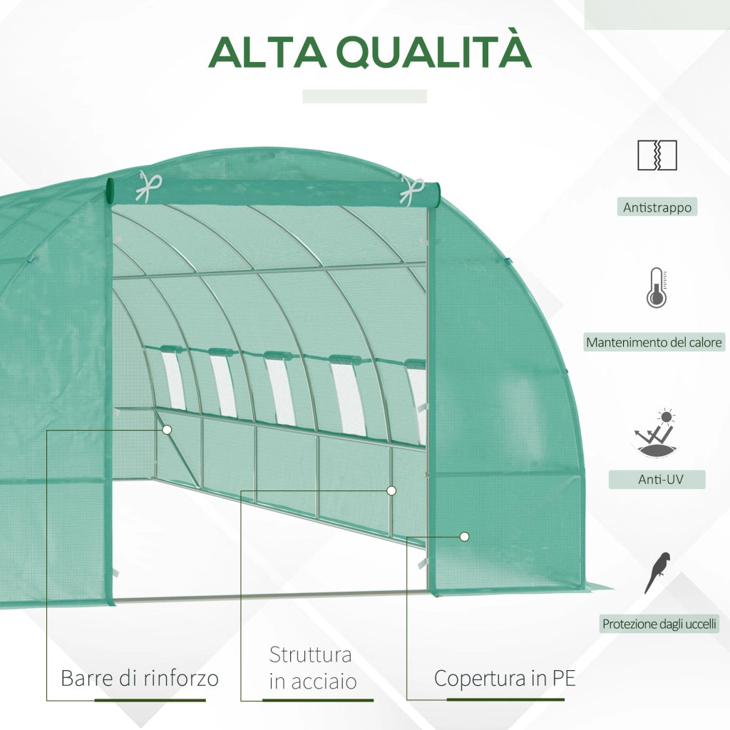 Serra da Giardino a Tunnel 8x3x2 m con Porte Avvolgibili e 12 Finestre, Serra per Orto con 4 Rinforzi Diagonali, Struttura in Acciaio e Copertura PE, per Orto Verdure Fiori Frutta, Verde