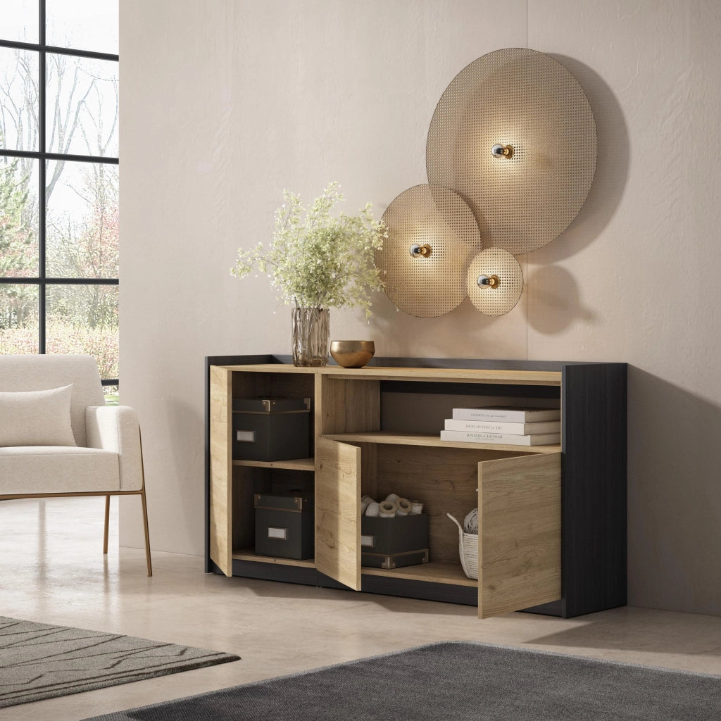 Credenza, Mobile, Cucina, 156x80x37 cm, 3 Porte, grande stoccaggio, Rovere e nero