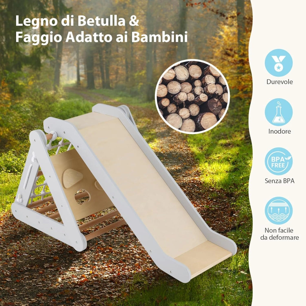 Set 4 in1 Arrampicata per Bambini, Arrampicata a Triangolo con Scivolo, Set di Arrampicata in Legno per Interni e Esterni con Rete di Arrampicata, Carico 50kg, 1 Anni+ (Grigio)