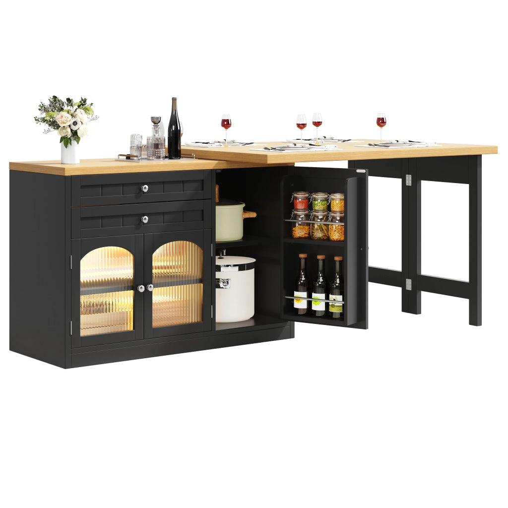 Mobile cucina multifunzionale con piano girevole ed estensibile; 2 cassetti; ante in vetro e ripiani; per sala da pranzo; nero; 120 × 40 × 73.5 cm