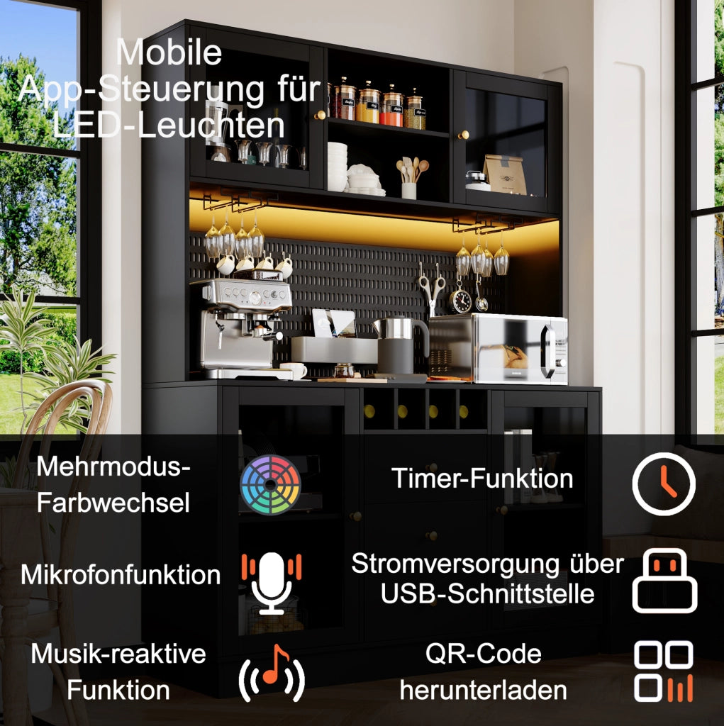 Colonna cucina con LED smart, portabottiglie e vetro, nera