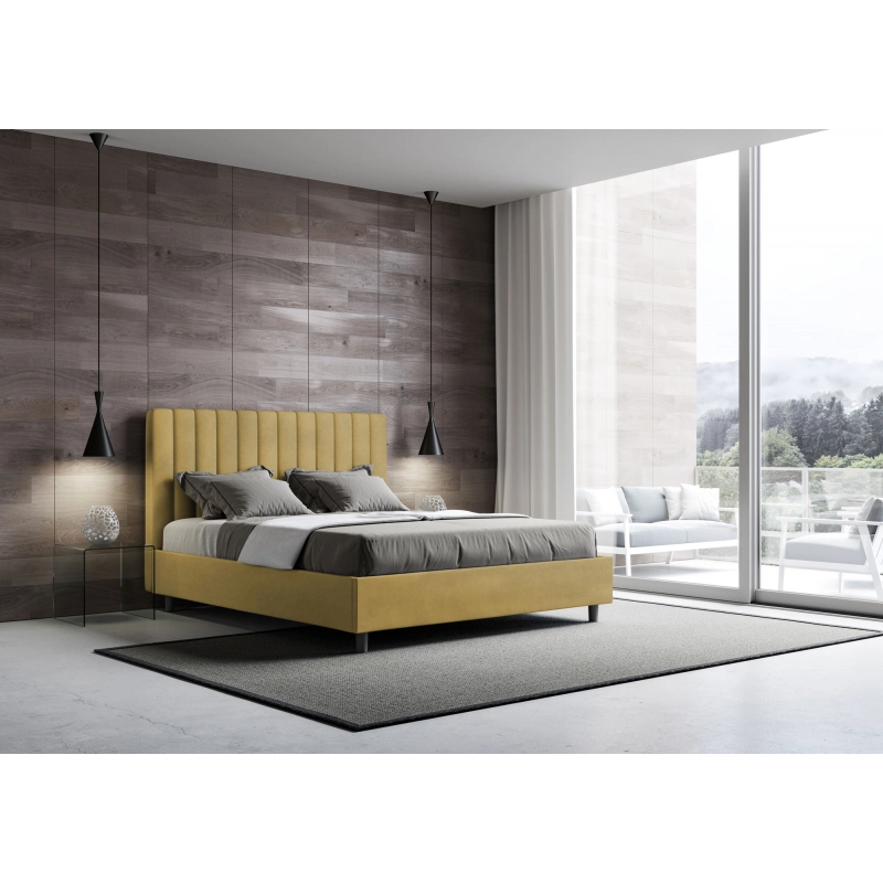 Letto imbottito Matrimoniale francese 140x190 cm Agueda - Con rete,Microfibra,Ocra