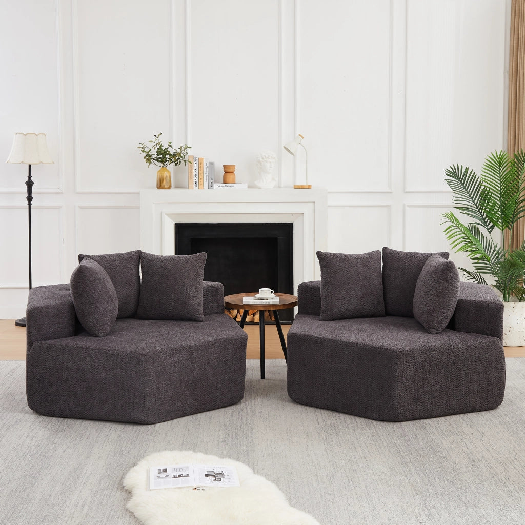 Poltrona modulare esagonale con seduta morbida e 3 cuscini, per relax, in chenille e schiuma con molle, grigio