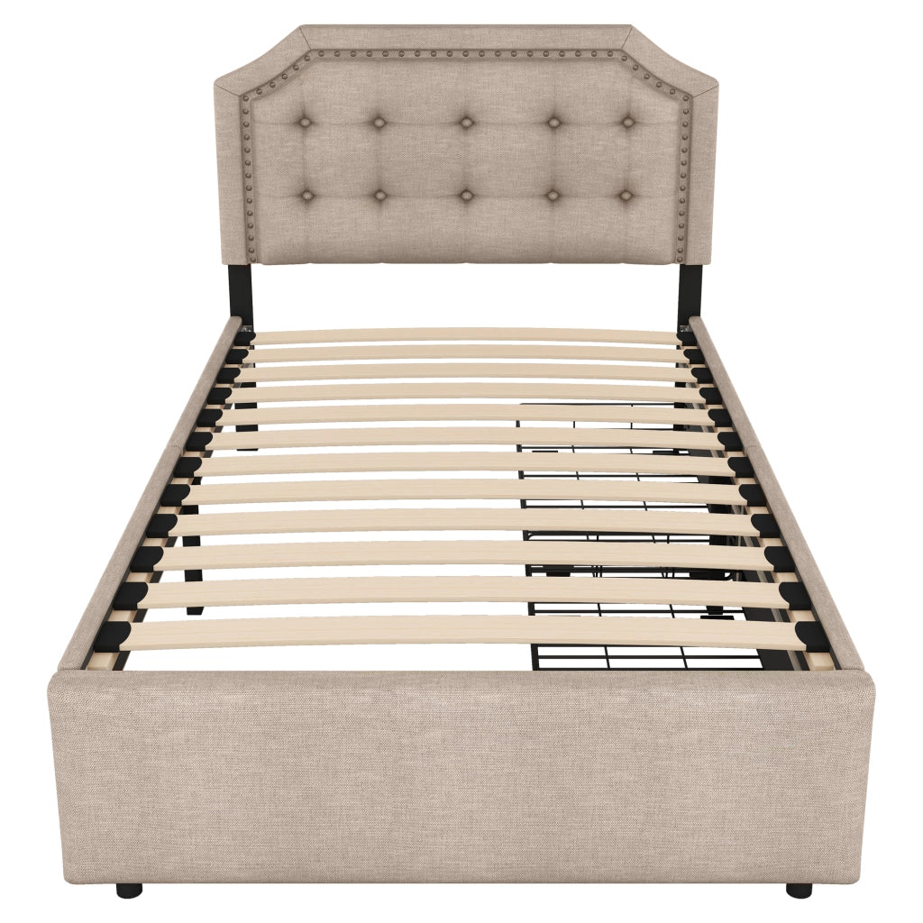 OKWISH Letto Singolo 90×200 cm con 2 Cassetti, Testiera Regolabile e Borchie Decorative, senza Materasso, in MDF, Beige