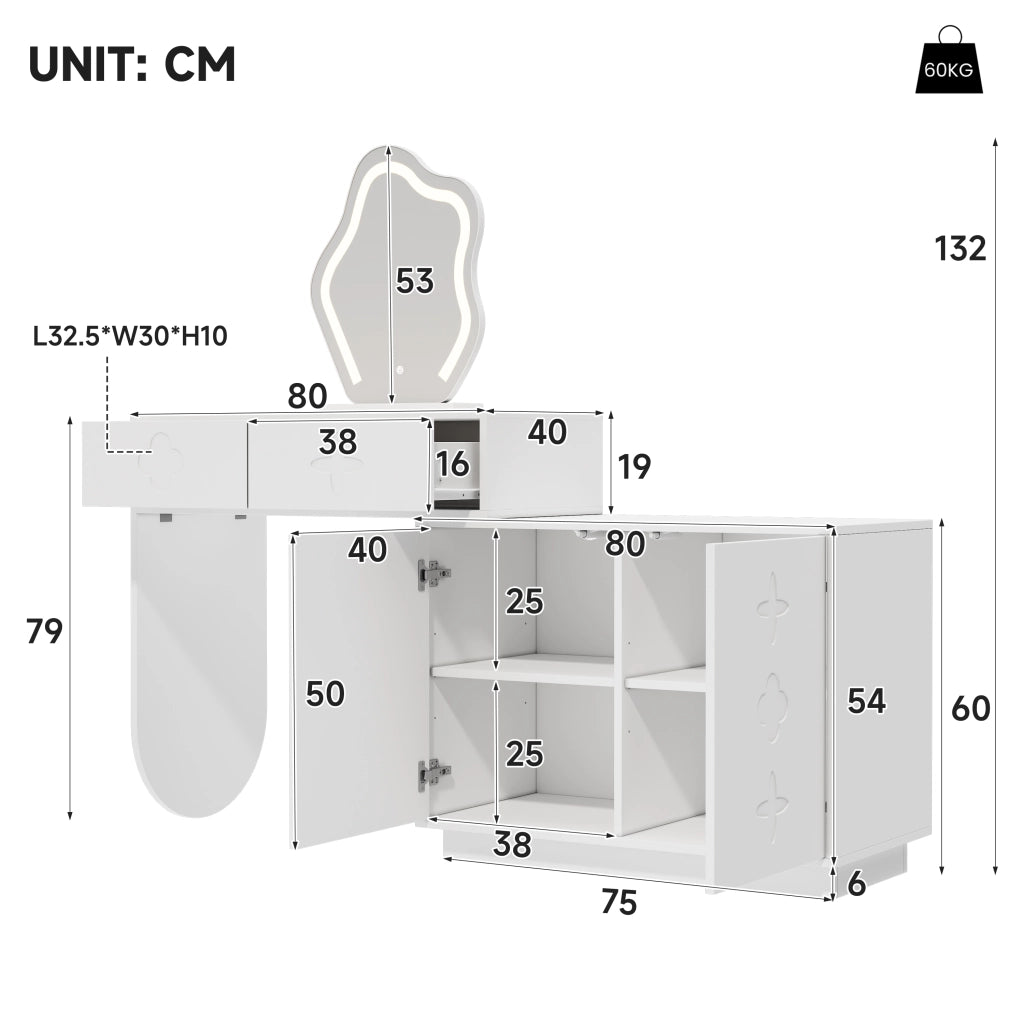 Tavolo da trucco con specchio LED, 2 cassetti e armadietto laterale con 4 scomparti, bianco, 160x40x132 cm