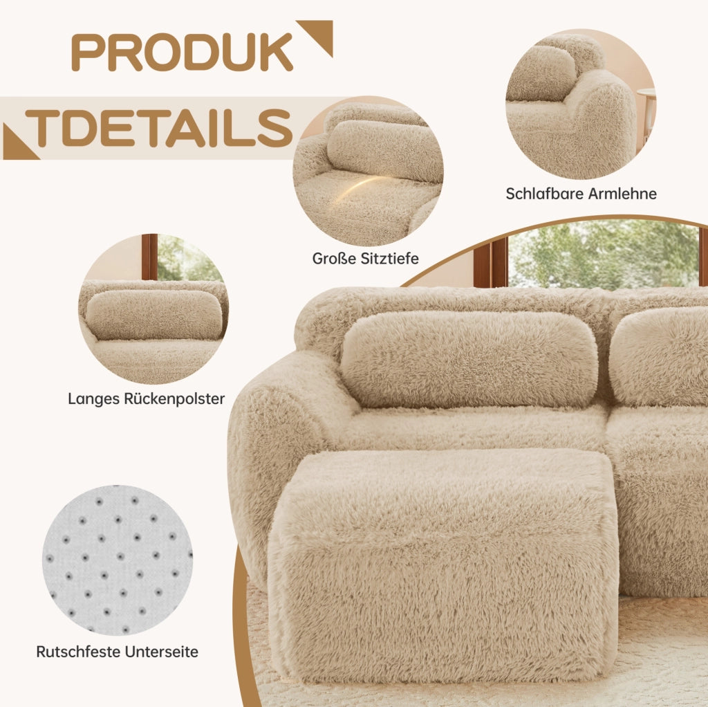 Divano modulare 4 posti in tessuto plush; base antiscivolo; con cuscini; kaki chiaro