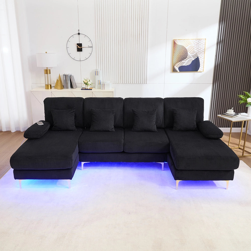 Divano a U - Xylo - LED/USB-C legno massello 4 cuscini nero