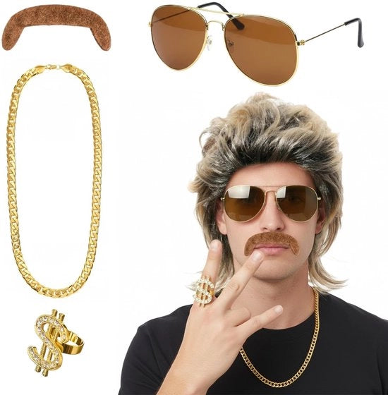 Costume Carnavale per Uomo - Set 5 pezzi - Vokuhila/Pruika - Abito Retro - Accessori - Cintura adattabile. - Costume da travestimento