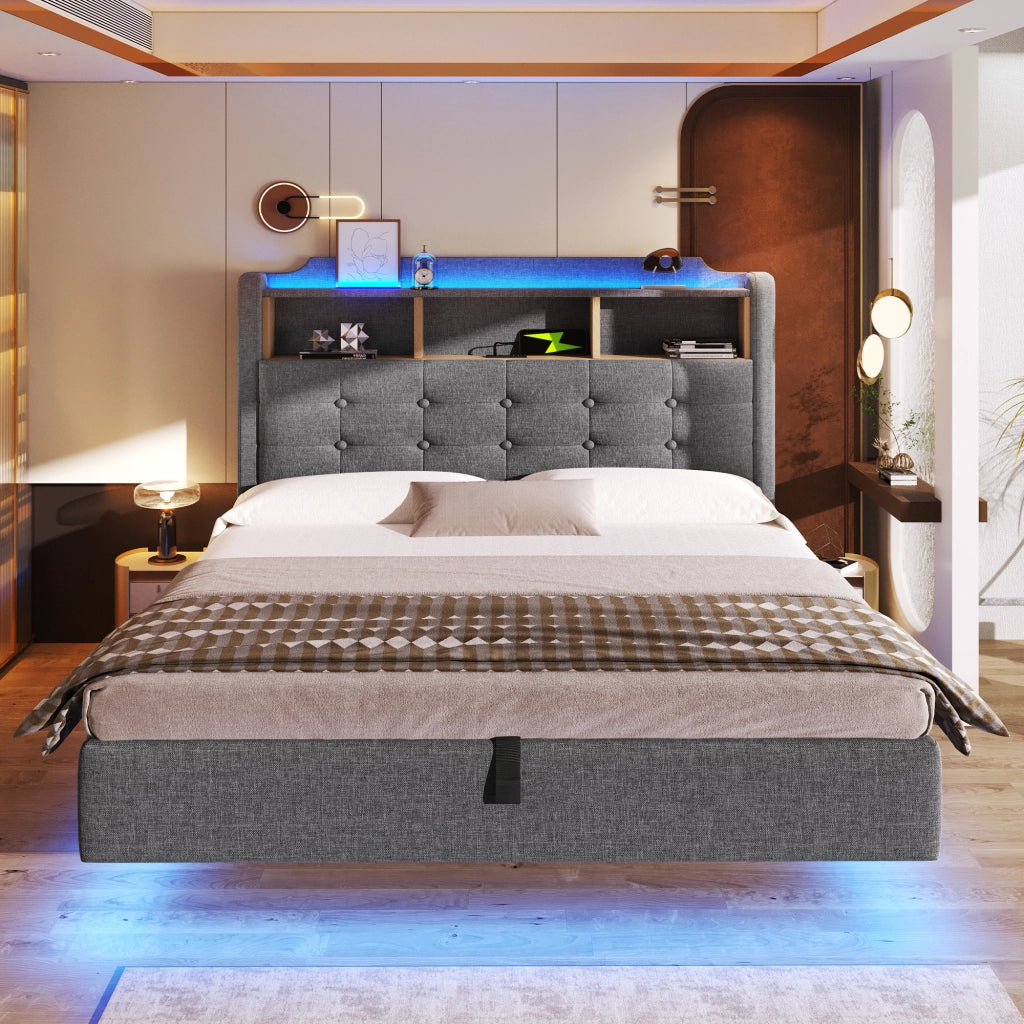 Letto imbottito idraulico con USB LED 140x200 cm colore grigio lino