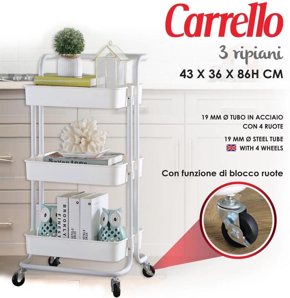 MAURY'S CARRELLO BIANCO PORTATUTTO 3 RIPIANI CON RUOTE MANICO 43X36X86CM METALLO