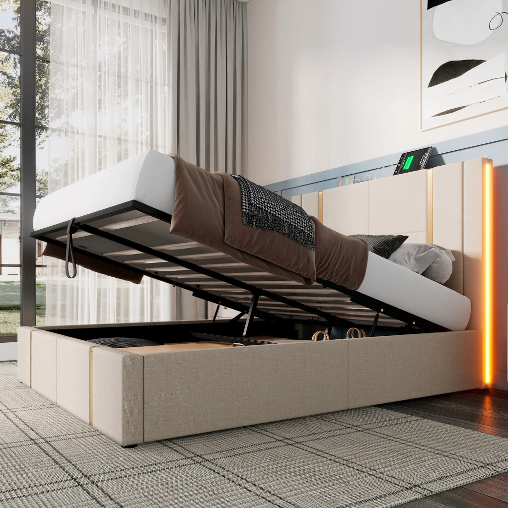 Letto imbottito con contenitore 140x200 cm in lino beige; LED RGB; porte USB e Tipo C