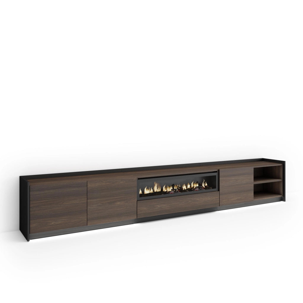 Mobile TV Soggiorno, 310x50x37 cm, Per TV fino a 80", Camino elettrico, LED, Rovere scuro e Nero