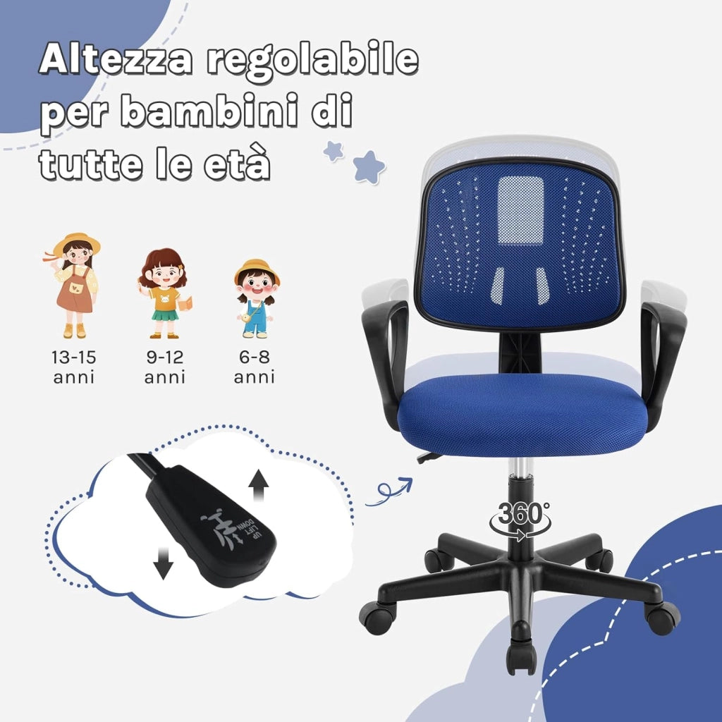 Sedia da Scrivania per Bambini, Sedia da Studio Girevole, Sedie Ergonomica con Ruote, Tessuto a Rete Traspirante, Sgabello Girevole con Schienale Regolabile Automaticamente, Blu, K0005BS
