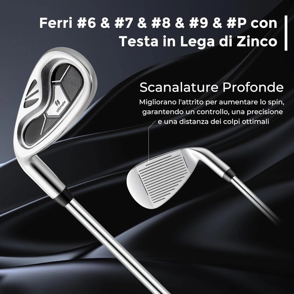 Set Completo di Mazze da Golf per Mancini da Uomo, Borsa Portatile con Supporto e Cappuccio Antipioggia, Include Driver 1 da 460CC, Fairway 3, Ibrido 4, Ferri 6, 7, 8, 9, P e Putter