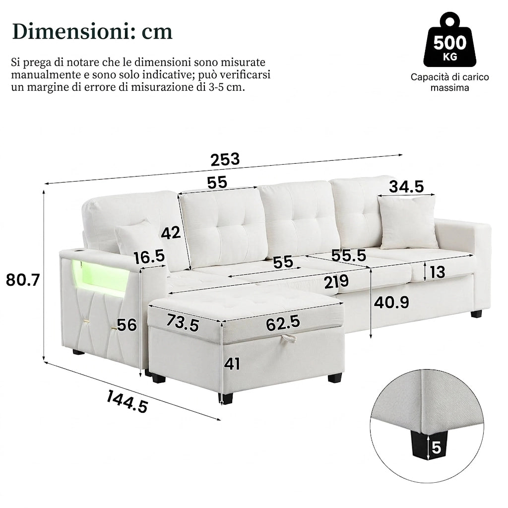 Divano angolare modulare 253 cm 4 posti con pouf con contenitore; lino; beige