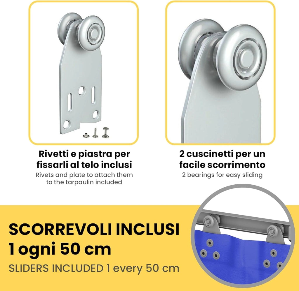 Binario Monorotaia MR3 in Ferro Zincato, Lunghezza 200cm con 5 Scorrevoli Inclusi - Ideale per Teli PVC, Tettoie, Gazebi, Pergole, Capanni