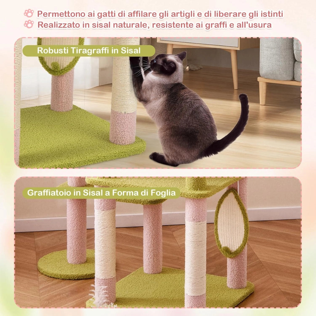 Tiragraffi per Gatto Alto 150 cm Stile Floreale, Albero Tiragraffi Gatti con Pali in Sisal, Piattaforme, Grotta e Pompon, Torre Gatto Rivestito in Peluche, Rosa e Verde