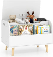 Cassapanca Portaoggetti per Bambini, con Libreria, Organizer per Giocattoli con 4 Gambe in Legno Massello e Coperchio Ribaltabile, per Sala Giochi e Asilo, 60x40x43 cm (Bianco)