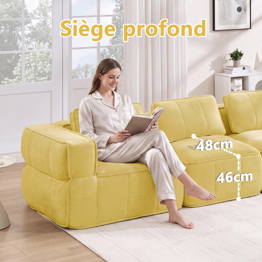 Divano modulare componibile con pouf; 271 x 162 x 67 cm; tessuto in poliestere giallo