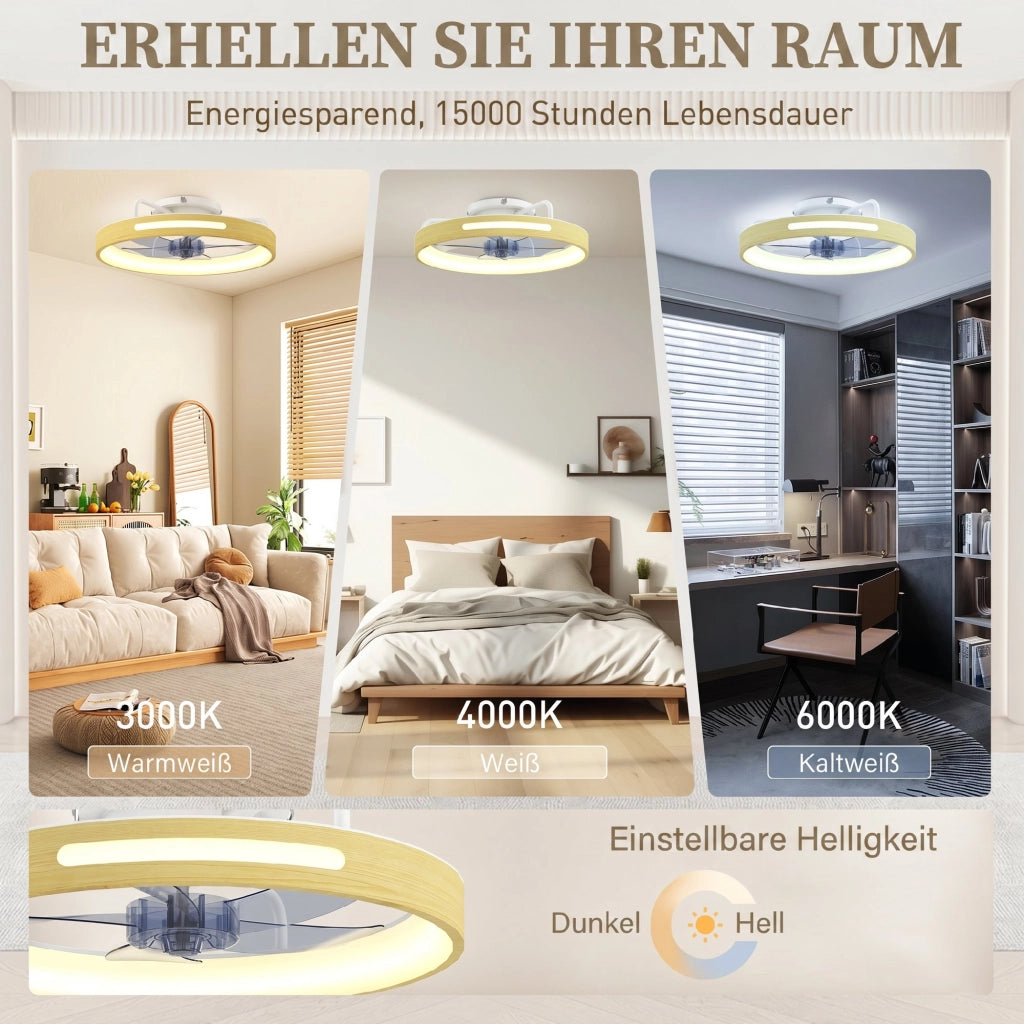Ventilatore da soffitto con luce LED e telecomando ¨C Xylo ¨C 49cm, 3 temperature colore, finitura legno naturale