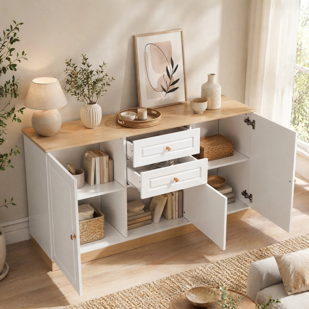 Credenza con due ante e due cassetti in pannello truciolare bianca e effetto legno 135,5 × 39 × 76 cm