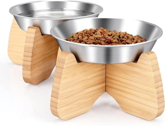 Piattaforma per ciotole da cibo per gatti in legno - Alimentatore per gatti in acciaio inossidabile - Set 2 con superficie non scivolosa - Ciotola da cibo e acqua per gatti e cani