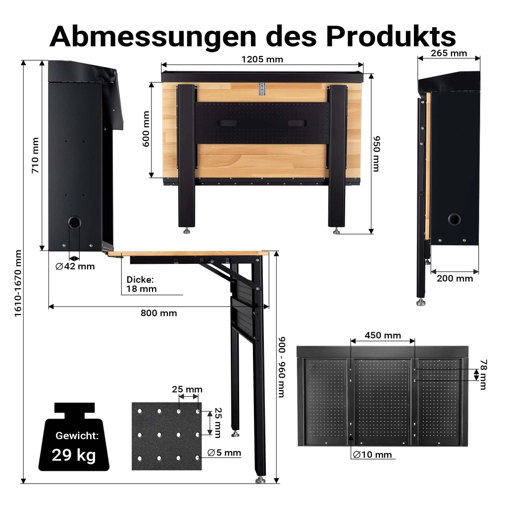 Banco da lavoro pieghevole a parete, portata fino a 200 kg, tavolo richiudibile con pannello porta attrezzi forato, in acciaio con piano in legno, 120,5 x 82,5 x 162 cm, ideale per officine e garage
